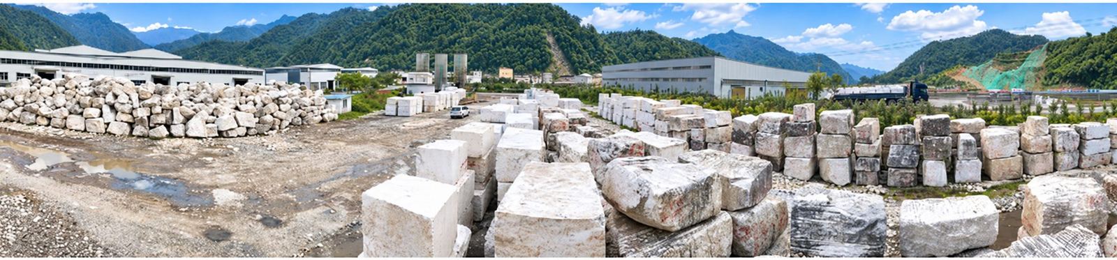 Oriental White marble block yard and processing plant in the mountains of Sichuan